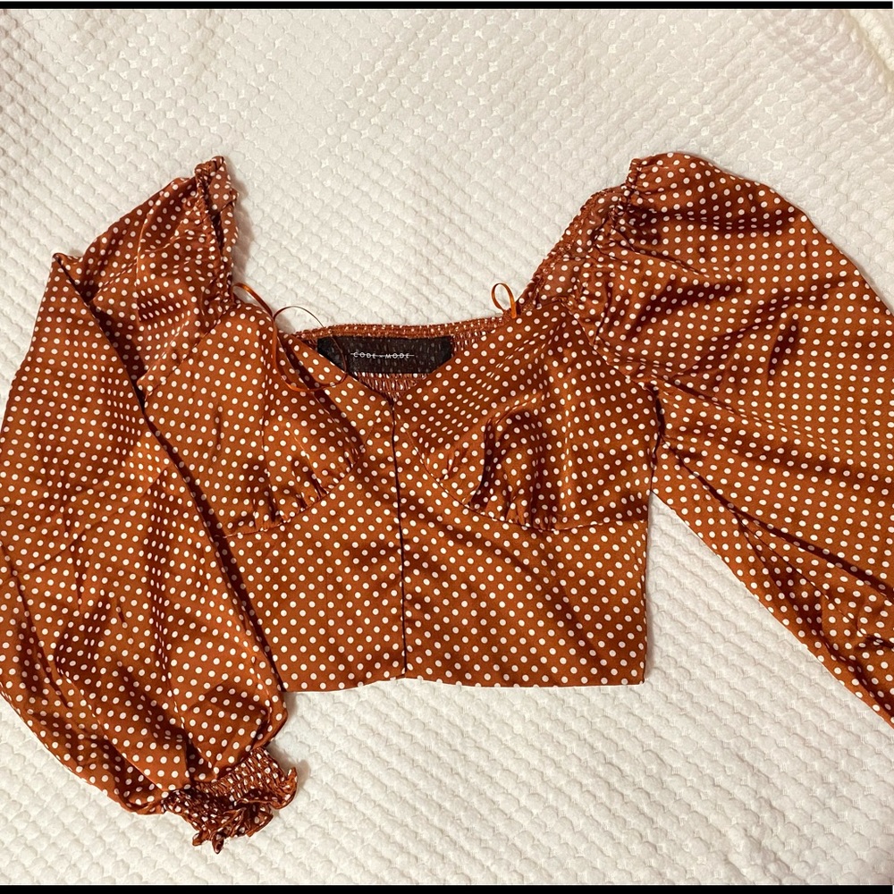 Satin polka dot long sleeve crop top